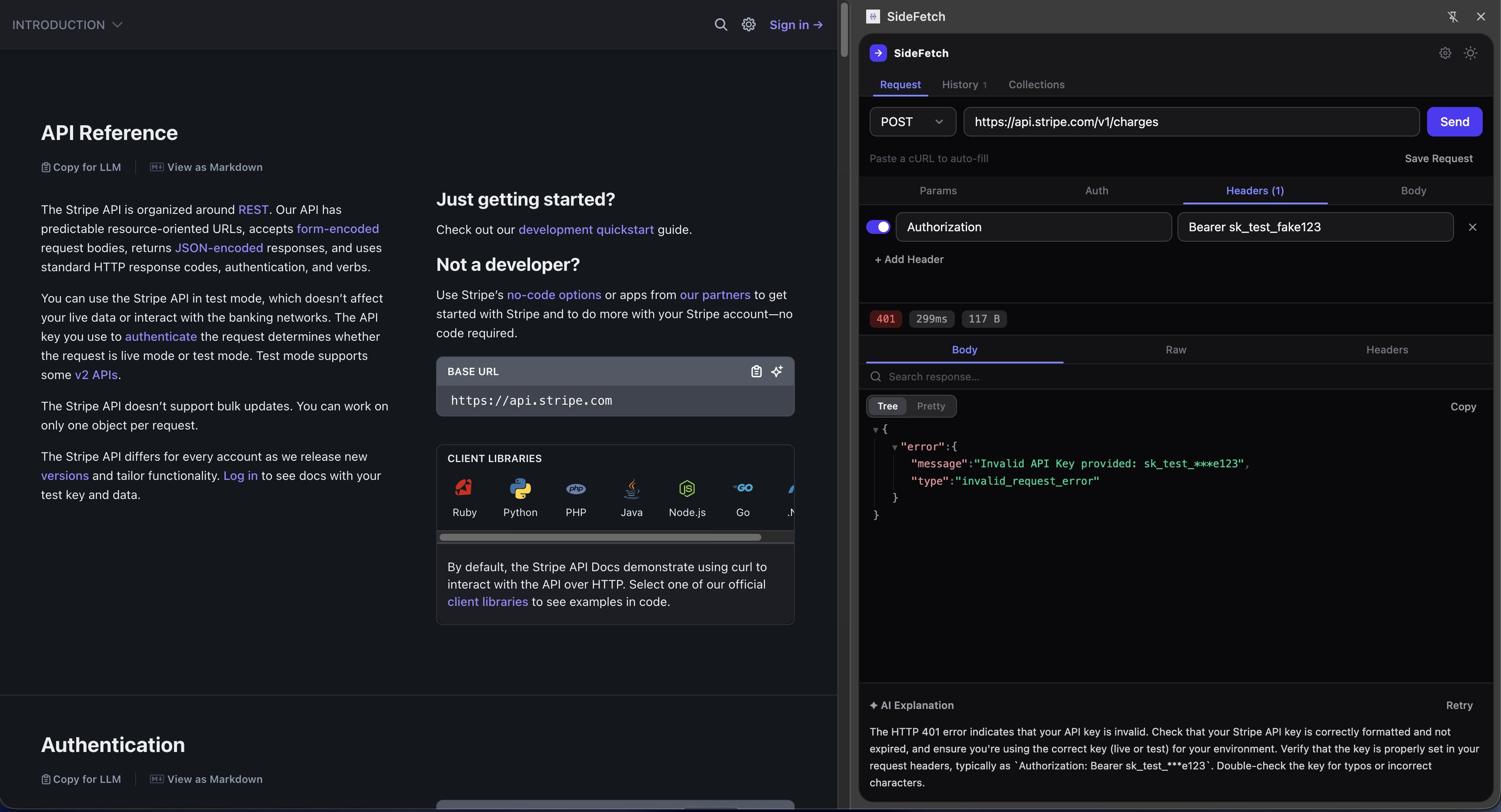 AI explanation of a 401 Unauthorized error in SideFetch