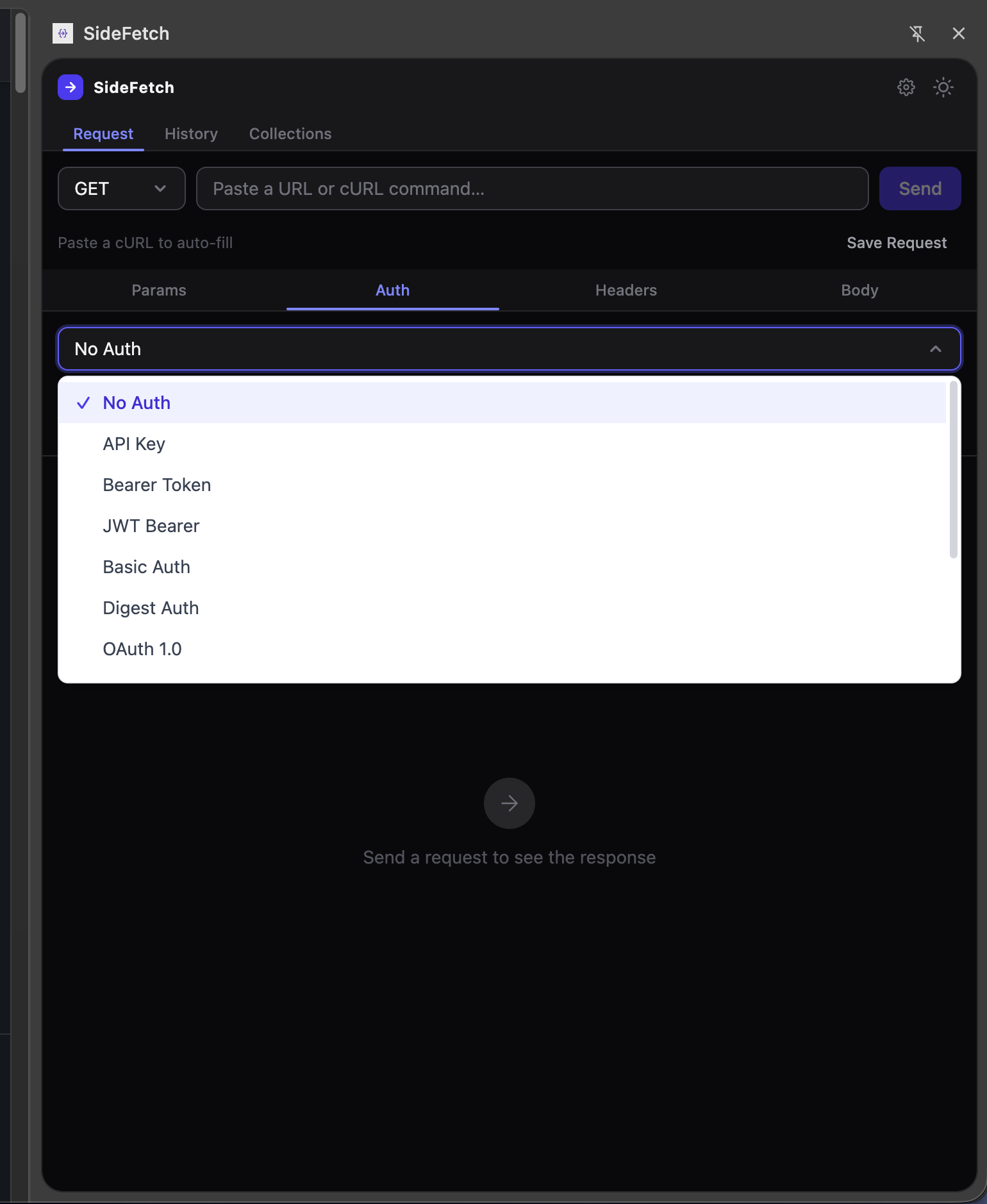 SideFetch auth dropdown showing 12 authentication types