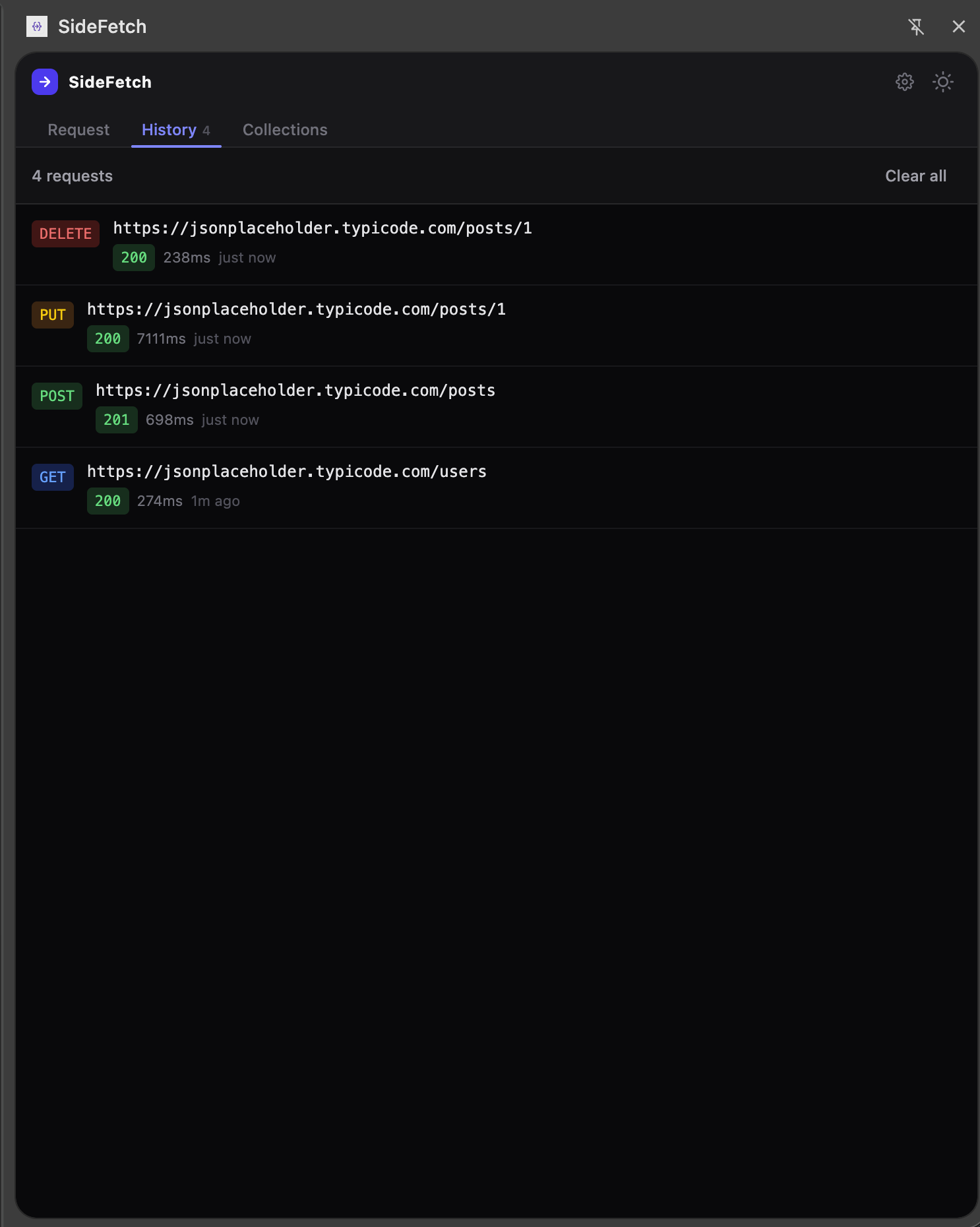 SideFetch history panel showing past API requests