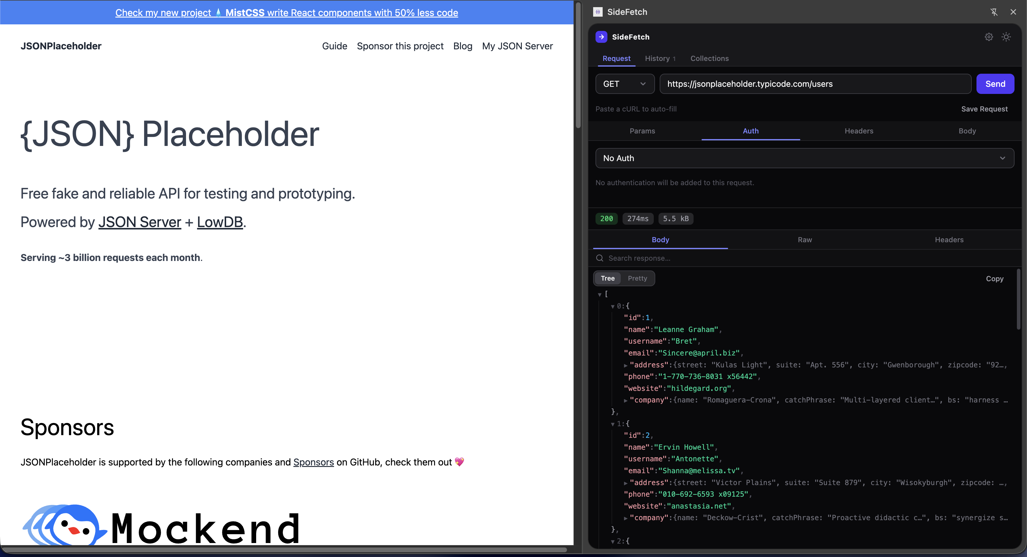 SideFetch side panel open next to Stripe API documentation showing a JSON response